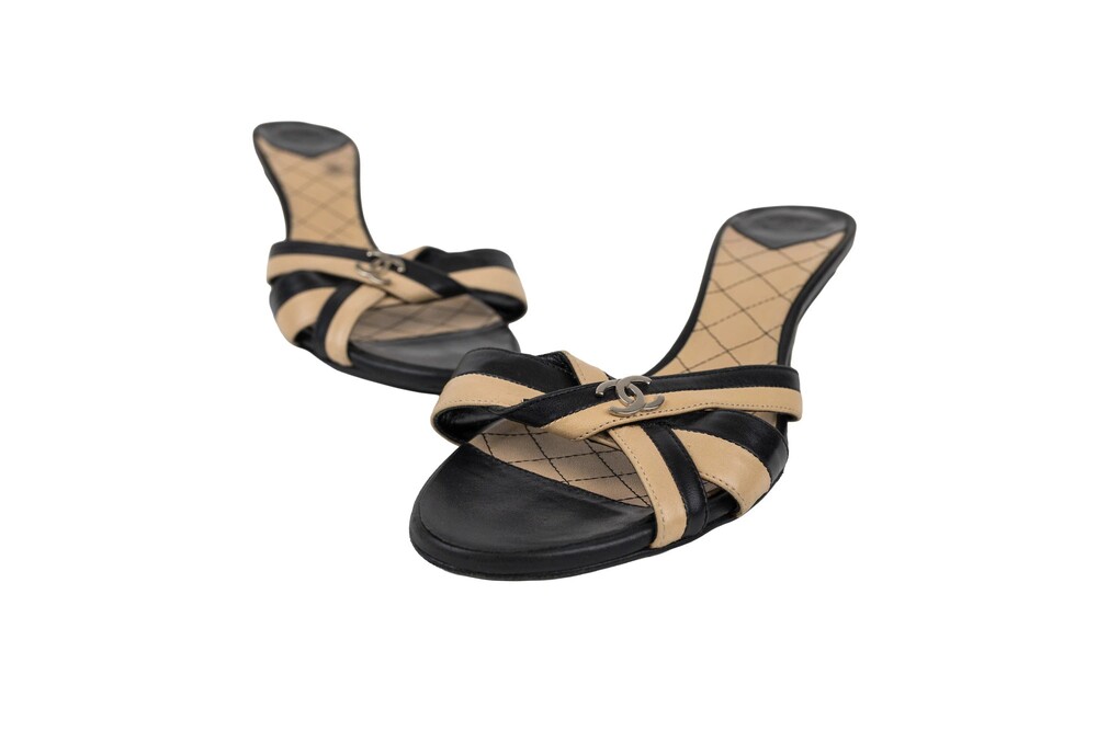 Chanel Tan Beige Black Crossover CC Logo Mules Lambskin Silver Hardware Size 39